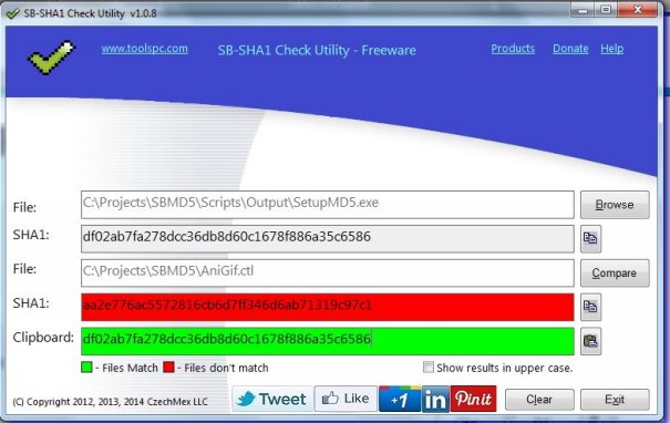 SB-SHA1 Calculator Clipboard value matches.